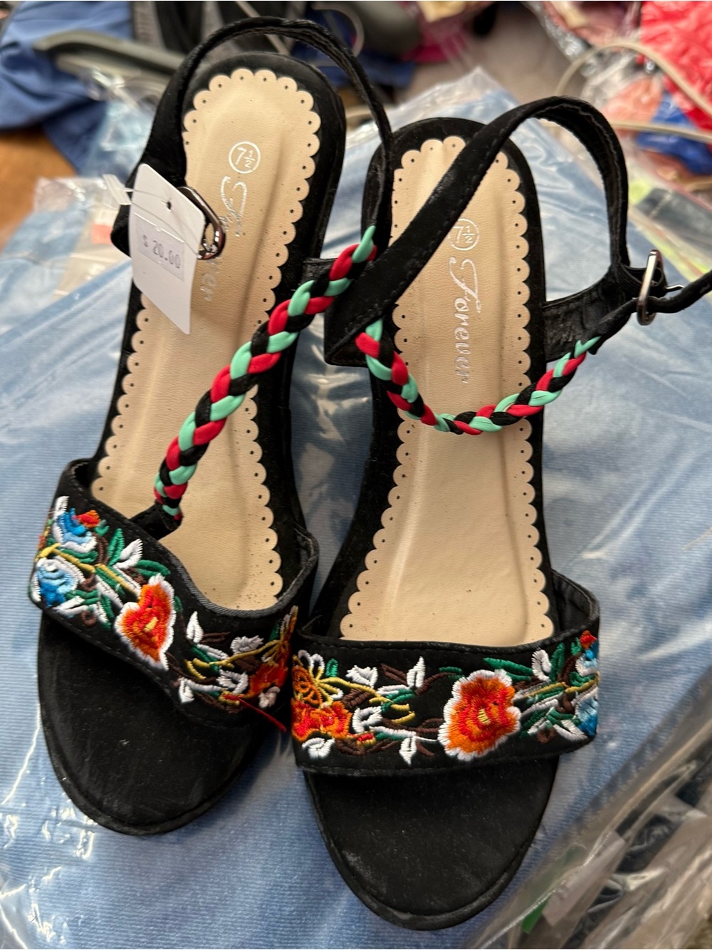 Forever 21 Black Embroidered Floral Braided Strap Sandals